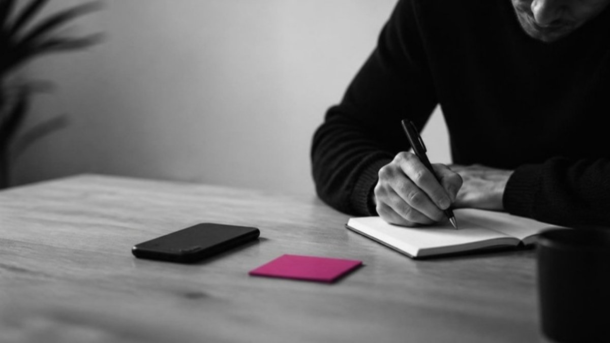 Persona che scrive concentrata con lo smartphone a faccia in giù sul tavolo