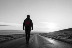 ricominciare e cambiare strada Uomo di spalle che cammina su una strada vuota all'alba: ricominciare e cambiare strada