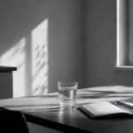 Tavolo con bicchiere d'acqua e quaderno alla luce del mattino: una routine mattutina semplice