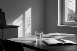 una routine mattutina semplice Tavolo con bicchiere d'acqua e quaderno alla luce del mattino: una routine mattutina semplice