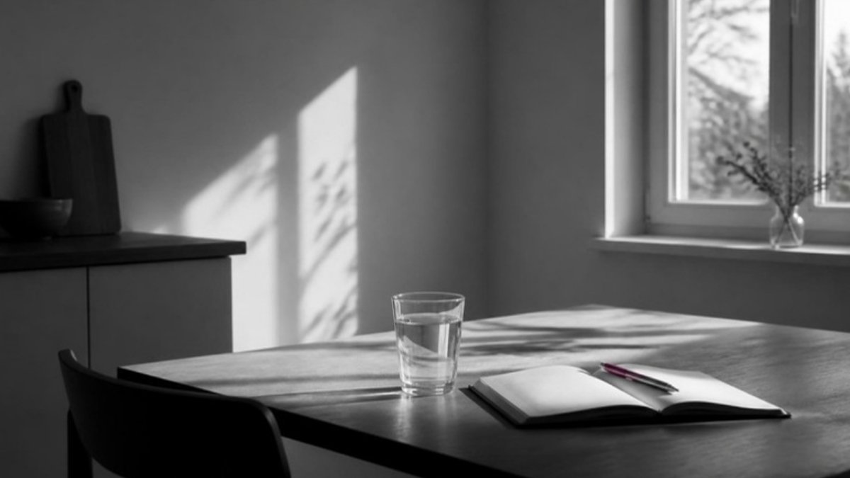 Tavolo con bicchiere d'acqua e quaderno alla luce del mattino: una routine mattutina semplice